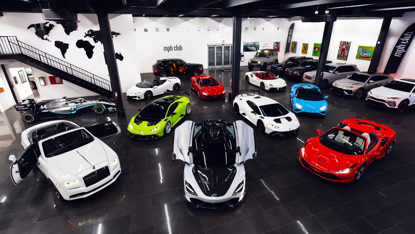 mph club exotic car fleet lined up in Miami